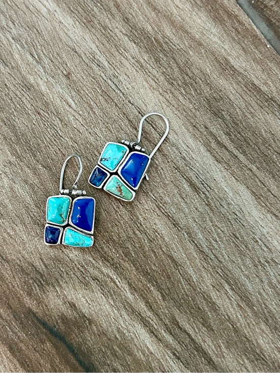 Vintage Jewelry - Cute Artisan Sterling Silver Turquoise Lapis Inlay Drop Dangle Earrings Vintage